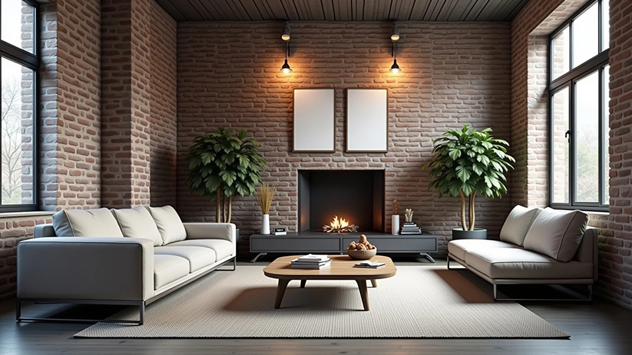 Sala de estar estilo industrial com tijolos aparentes e detalhes em metal.