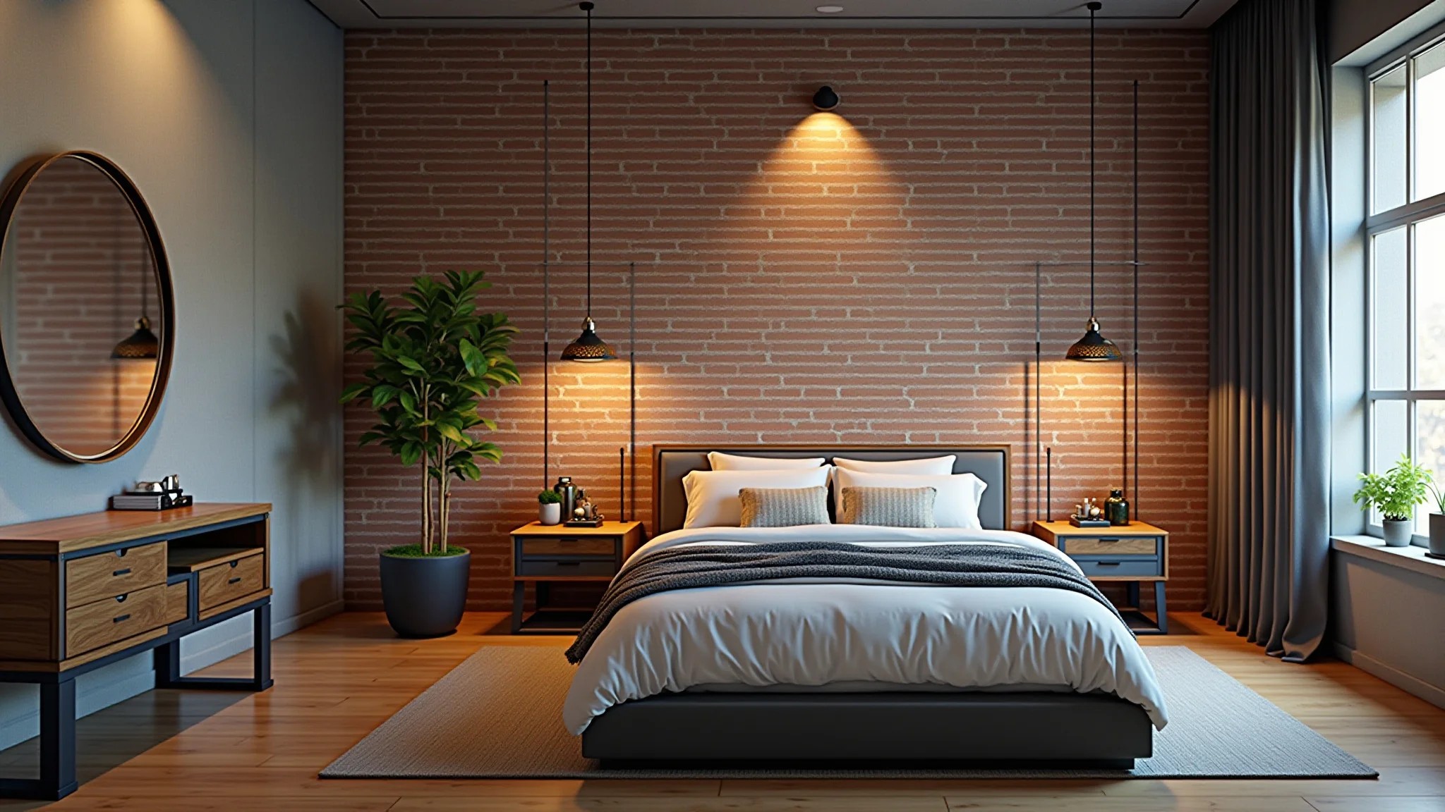 Quarto masculino estilo industrial com tijolos aparentes e detalhes em metal.