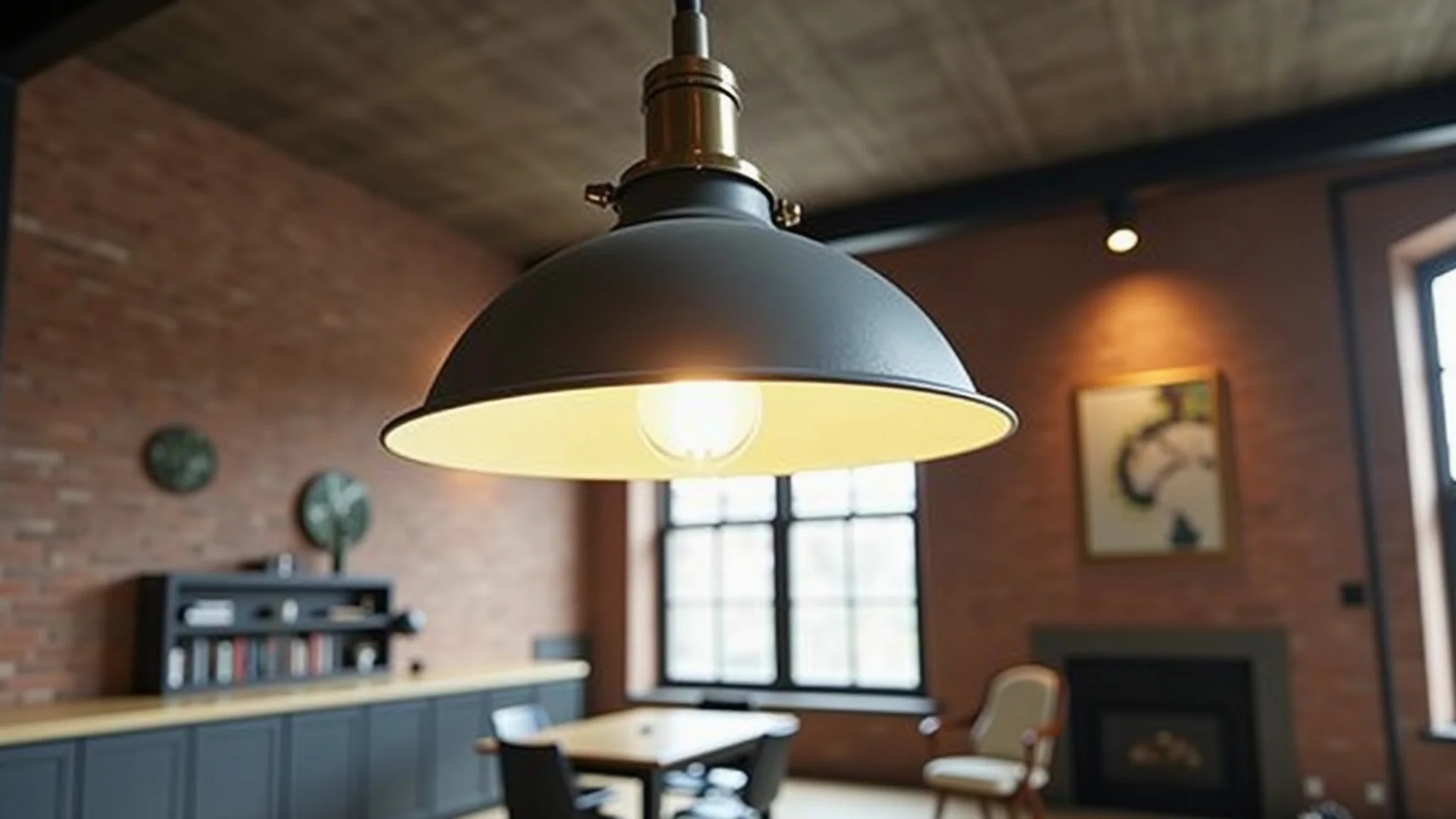 Luminária pendente estilo industrial em loft moderno com parede de tijolos aparentes.