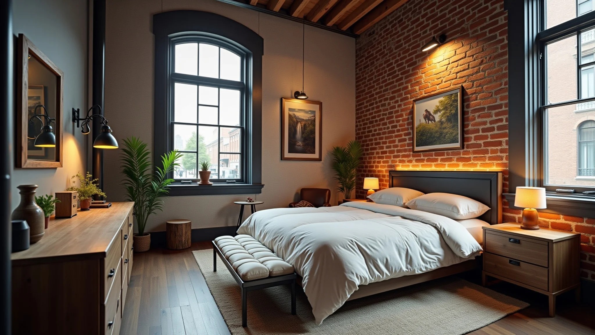 Quarto de solteiro masculino estilo industrial com tijolos aparentes e móveis de madeira rústica.