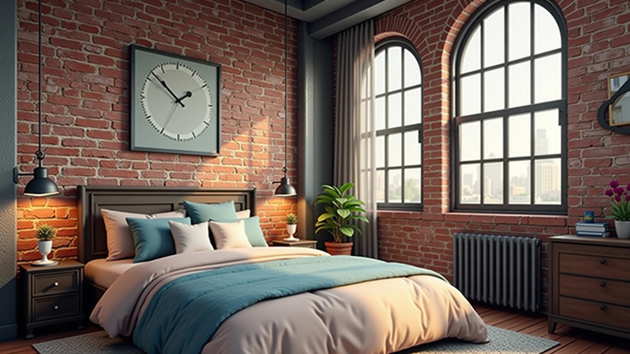 Quarto de adolescente em estilo industrial com tijolos aparentes, detalhes em metal e decoração vintage.