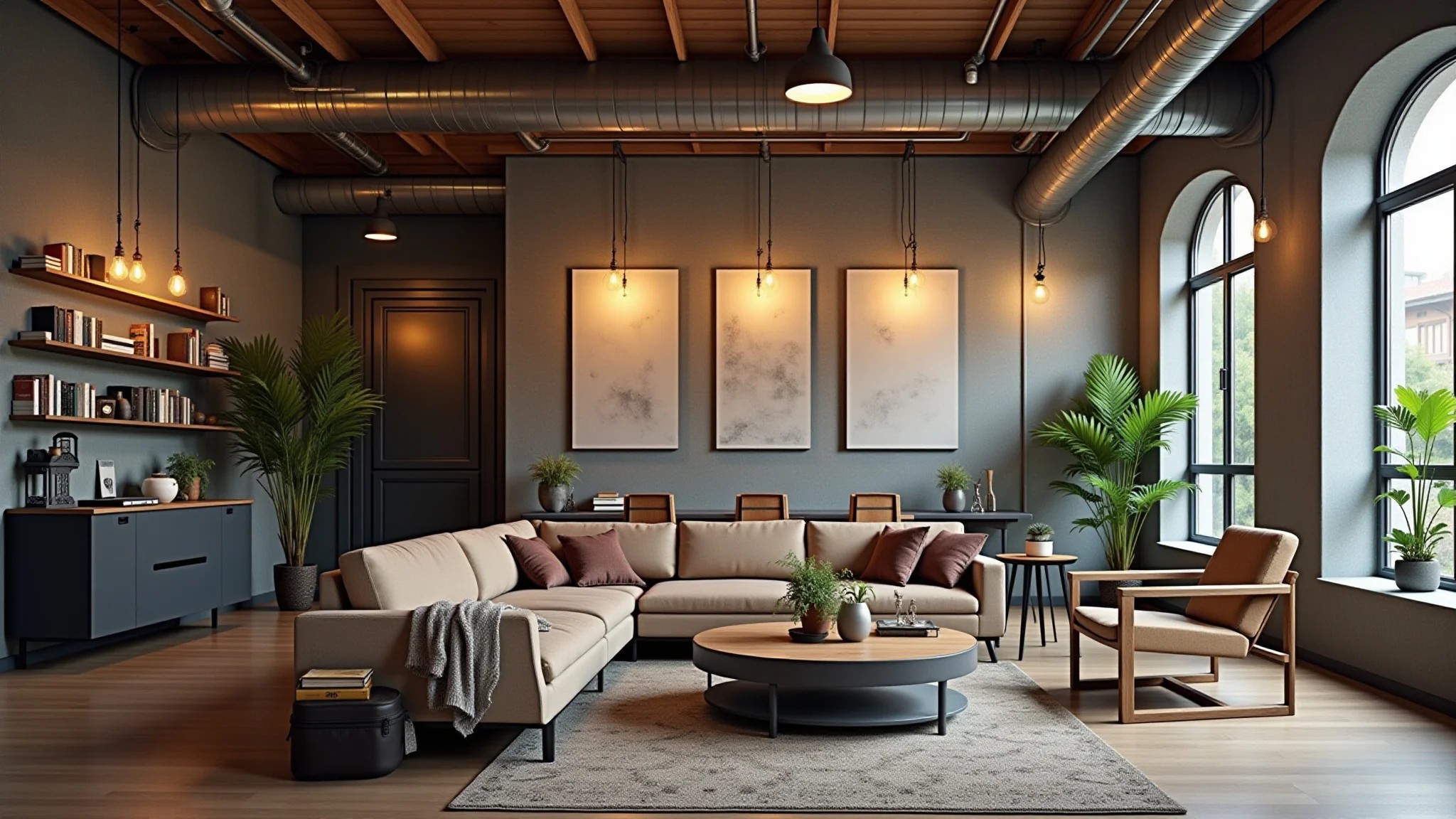 Sala urbana industrial com detalhes em metal e madeira, tubulações expostas e lâmpadas Edison.