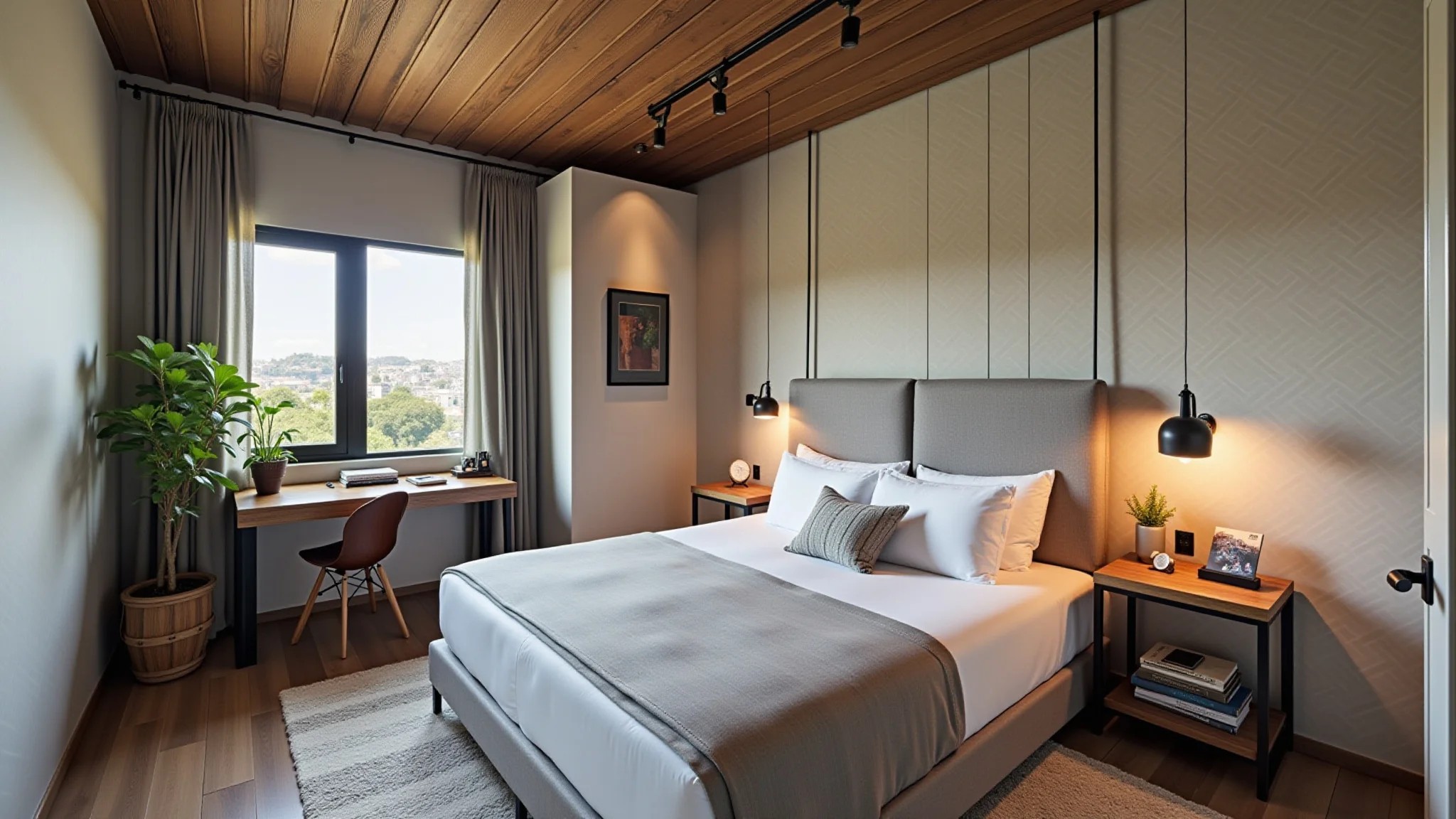 Quarto em estilo industrial com escrivaninha de madeira e detalhes em metal.