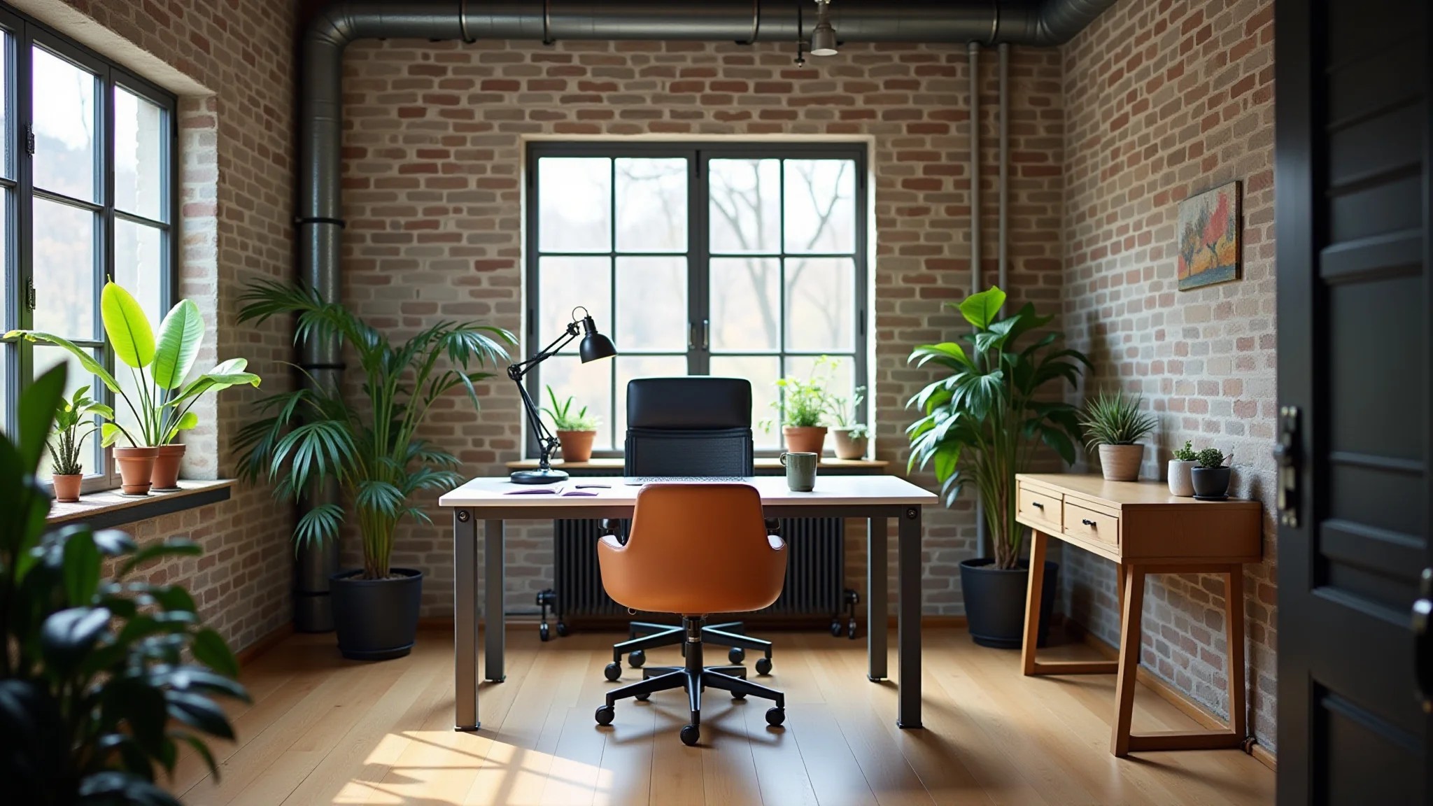 Escritório em casa com estilo industrial, mesa de metal e iluminação natural.