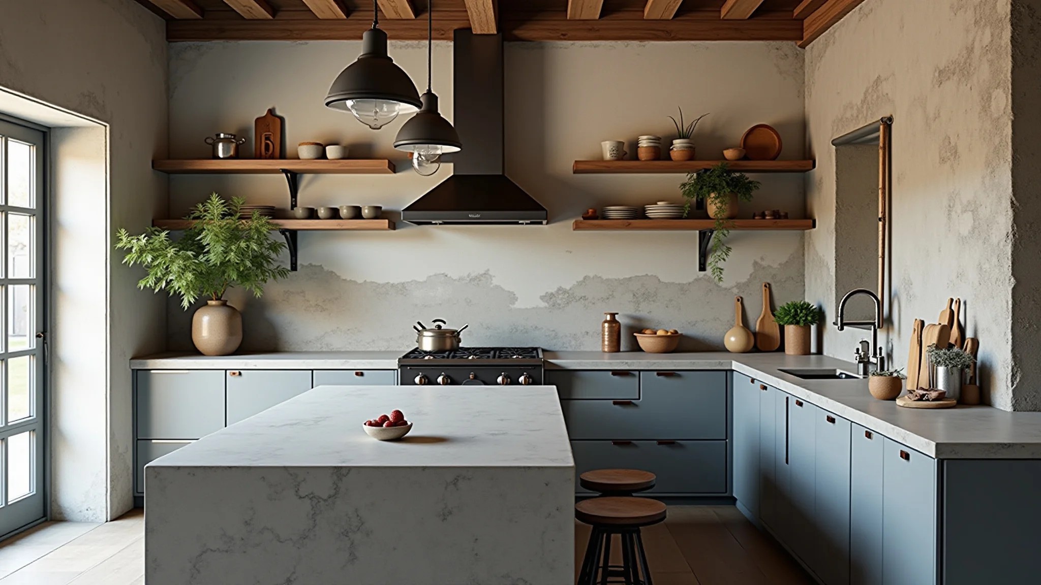 Cozinha industrial com bancada de concreto, decoração minimalista e toques metálicos.