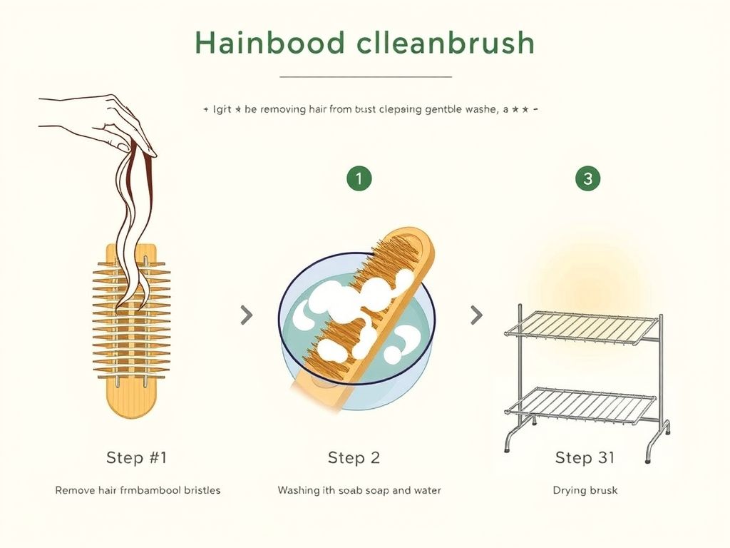 Infográfico mostrando os passos para limpar uma escova de cabelo de bambu.