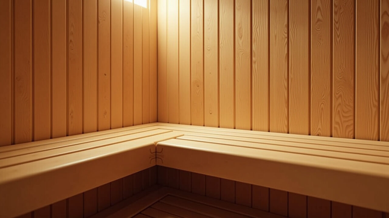 Interior de uma sauna infravermelha com banco de madeira.