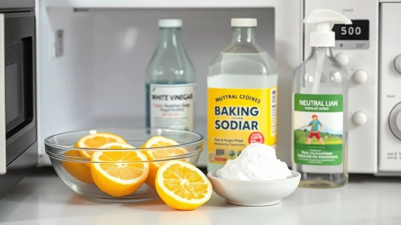Ingredientes naturais para limpar o micro-ondas: limão, vinagre, bicarbonato e detergente