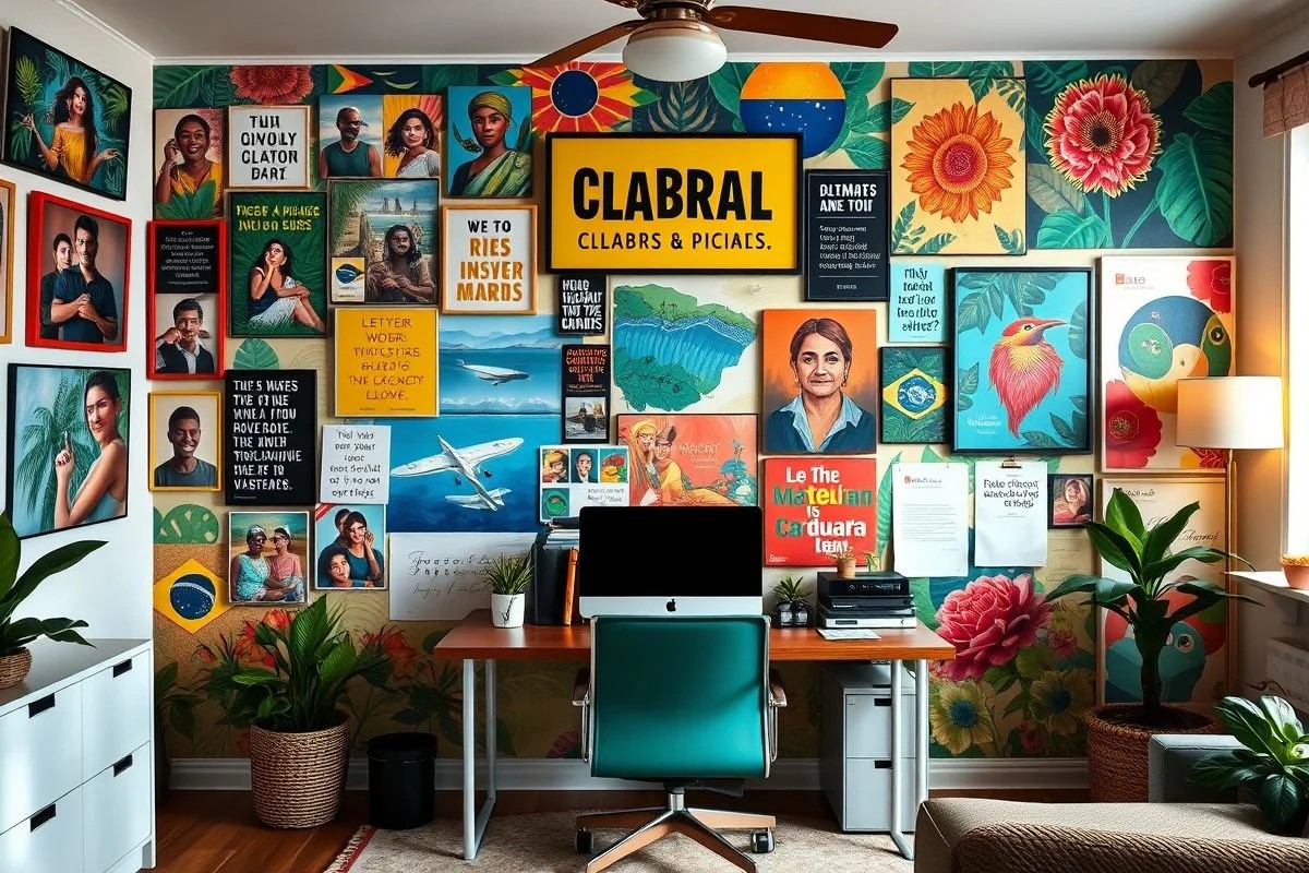 Mural de inspiração colorido em home office brasileiro.