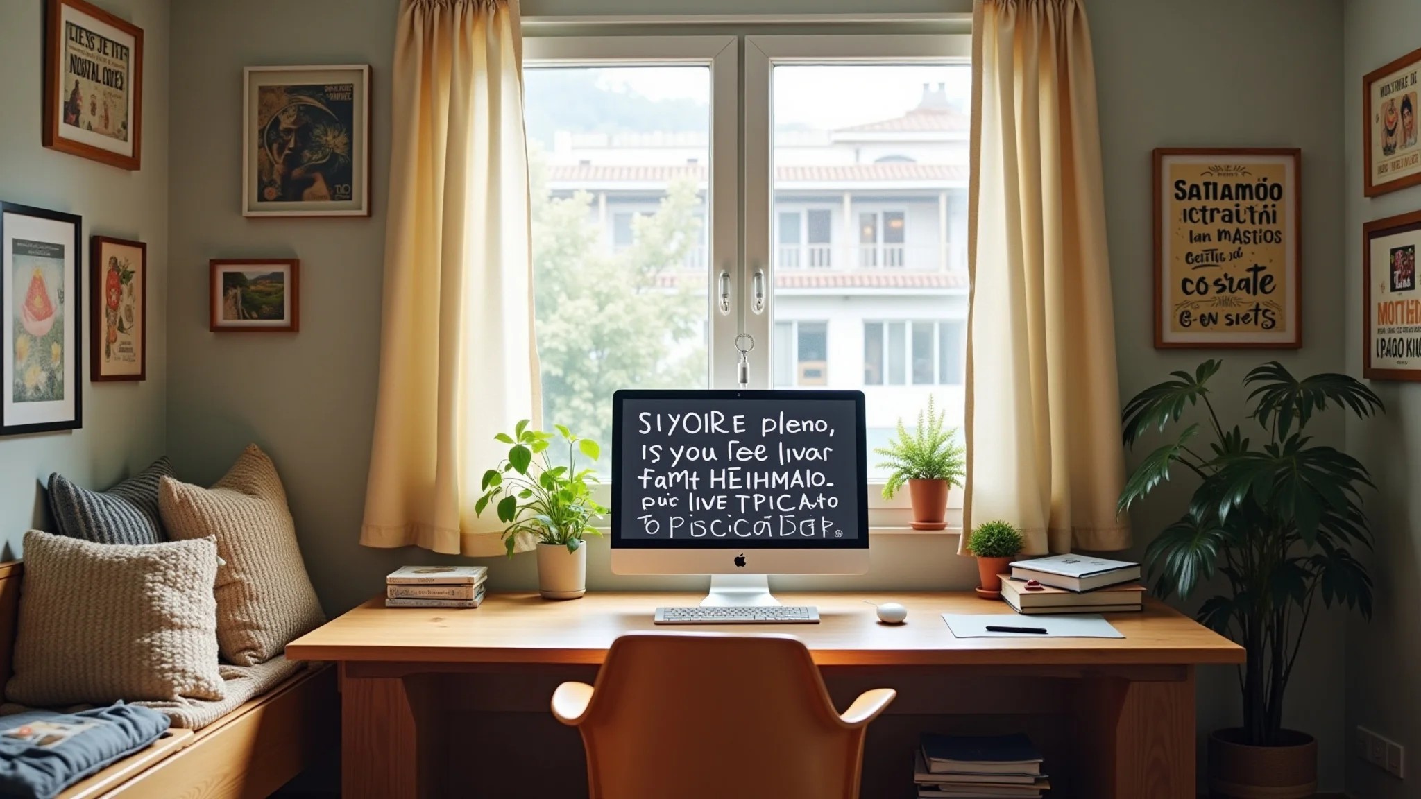 Home office inspirador com frases motivacionais e ambiente aconchegante.