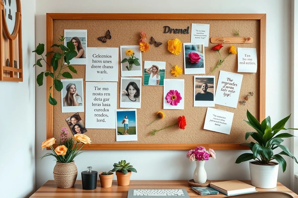 Mural de inspiração com fotos e frases motivacionais em home office.