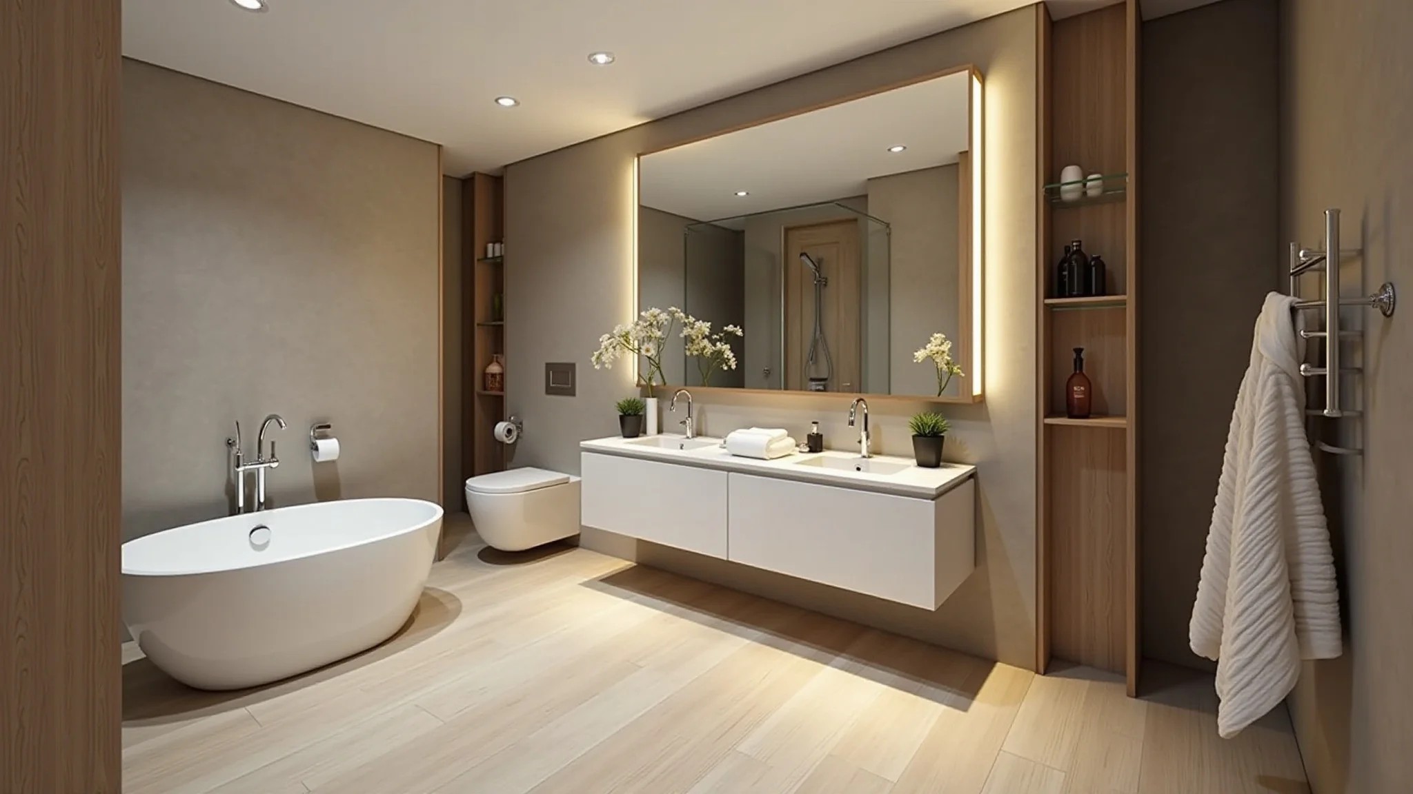Banheiro integrado com banheira de imersão, decoração minimalista e iluminação aconchegante.