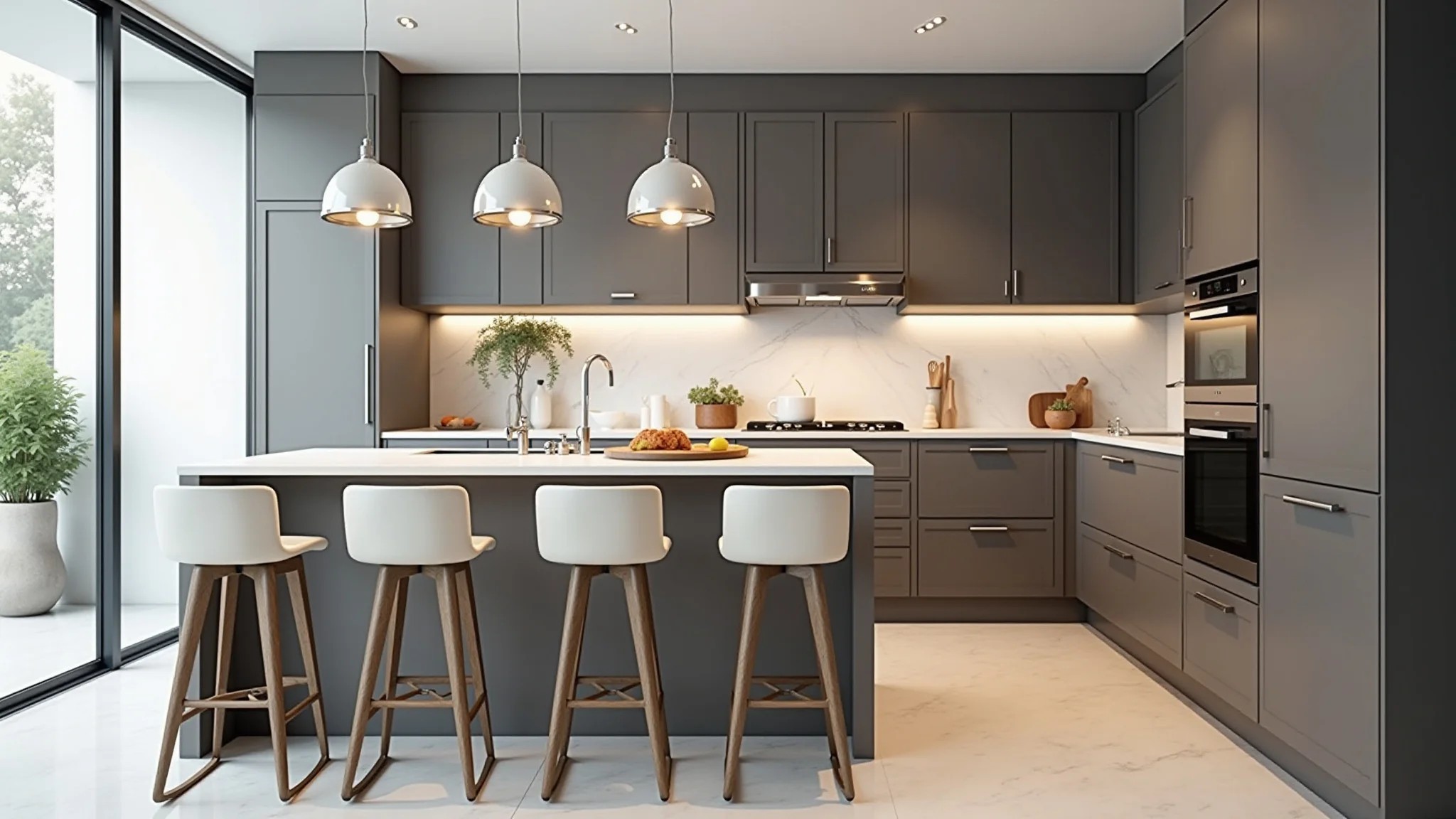 Cozinha integrada à área gourmet com bancada americana, decoração clean e iluminação interna.
