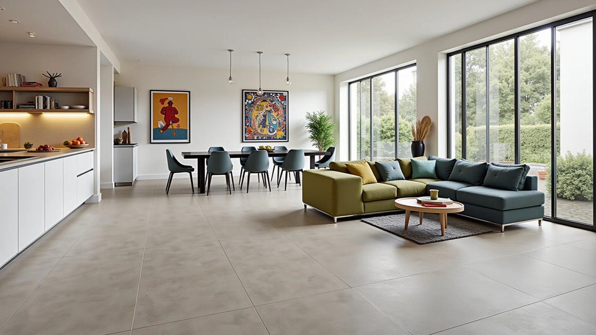Cozinha e sala integradas com piso de porcelanato cinza claro e decoração Farm Rio.