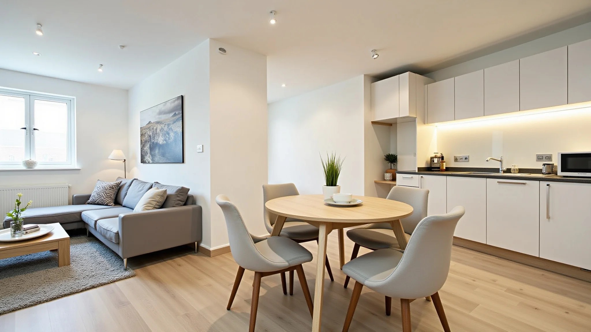 Sala e cozinha integradas em estilo minimalista, cores neutras e móveis funcionais.