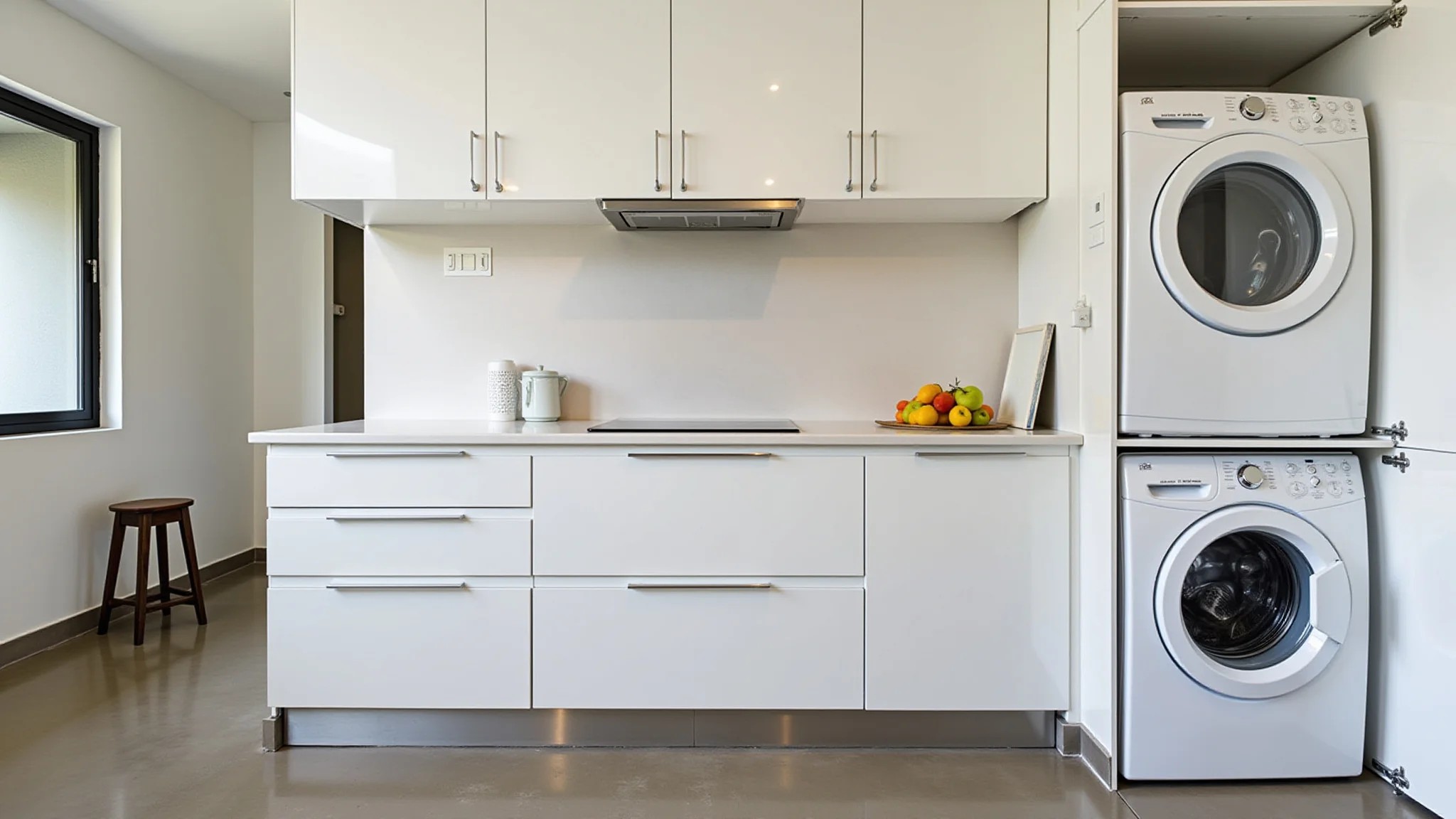 Cozinha e lavanderia integradas com piso de cimento queimado, design minimalista brasileiro.