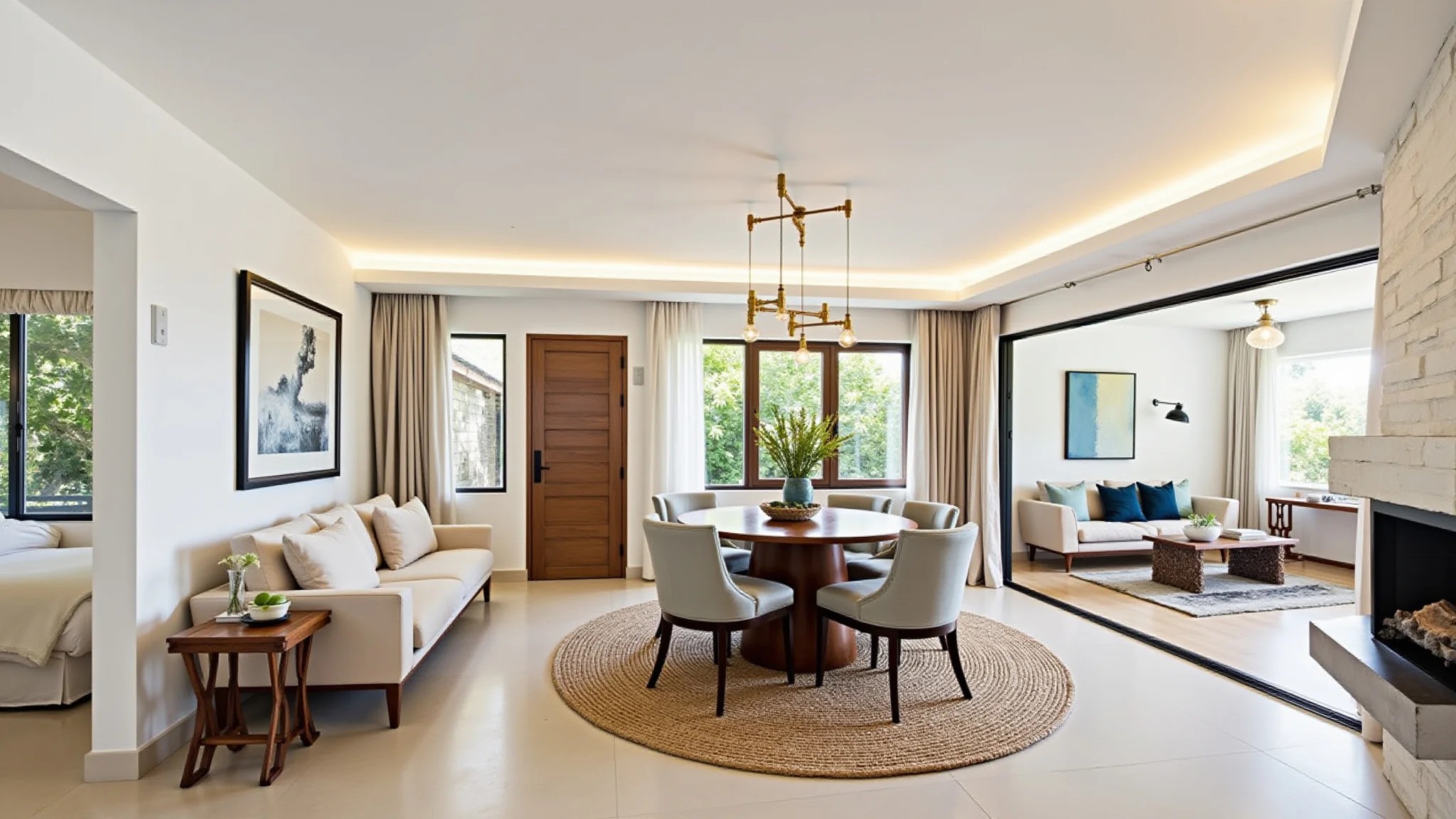 Ambiente integrado com tapete redondo de sisal em tons neutros.