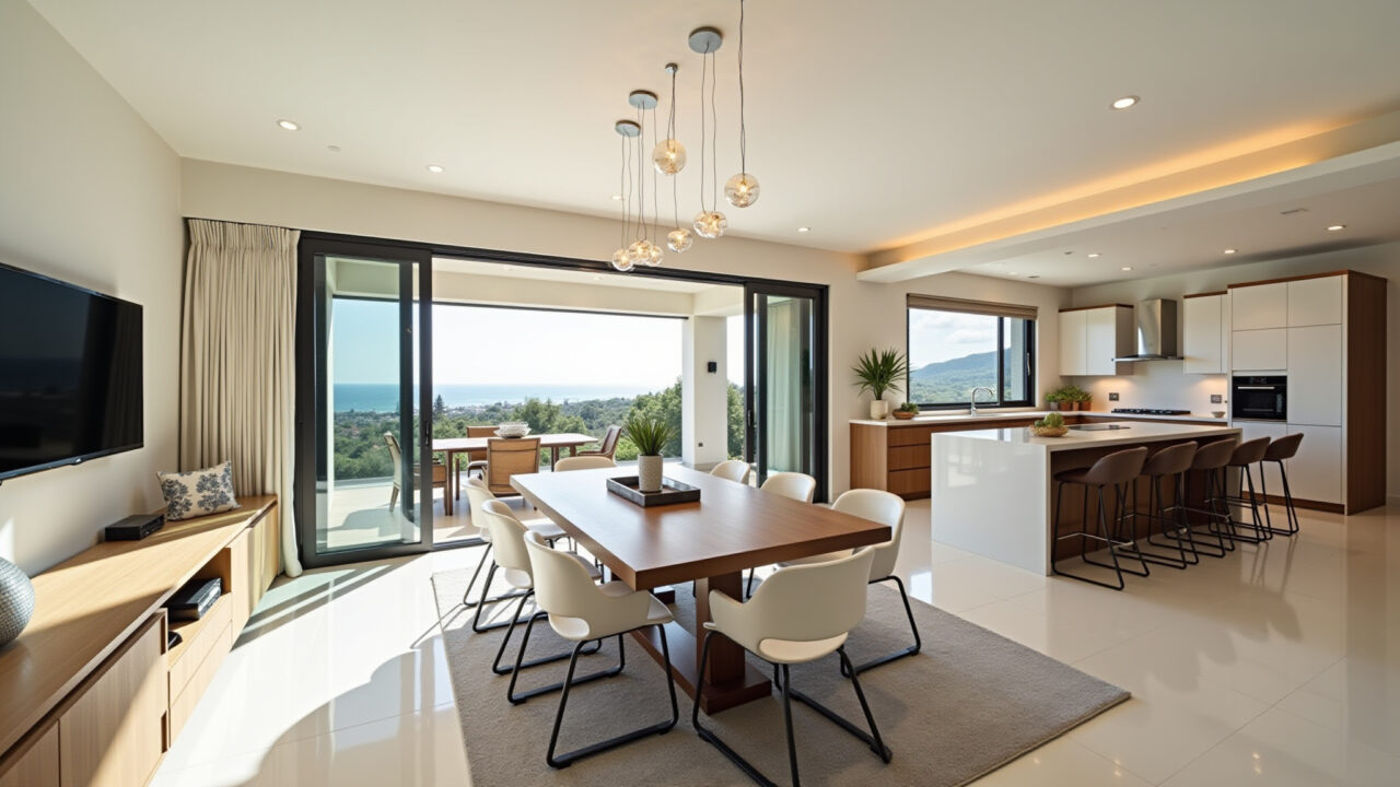 Sala de estar e cozinha integradas em um espaço aberto com design moderno.