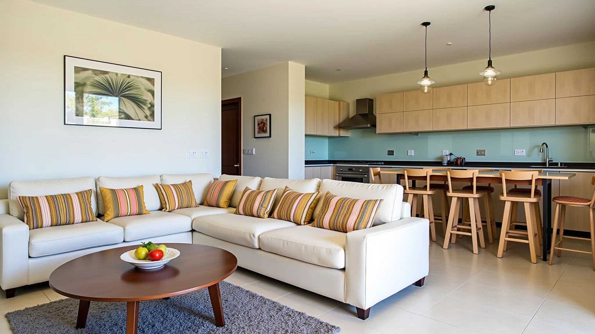 Sala e cozinha integradas, sofá com almofadas coloridas e design brasileiro.