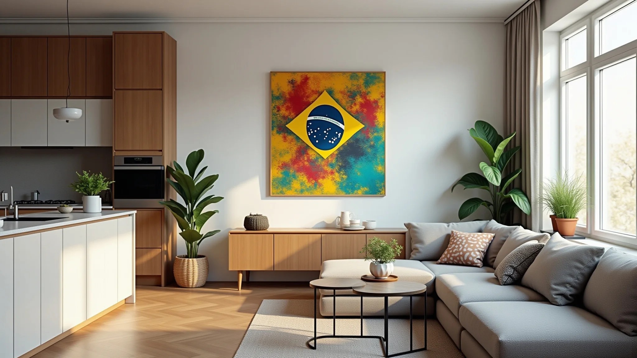 Sala e cozinha integradas com arte brasileira colorida, plantas e sofá confortável.