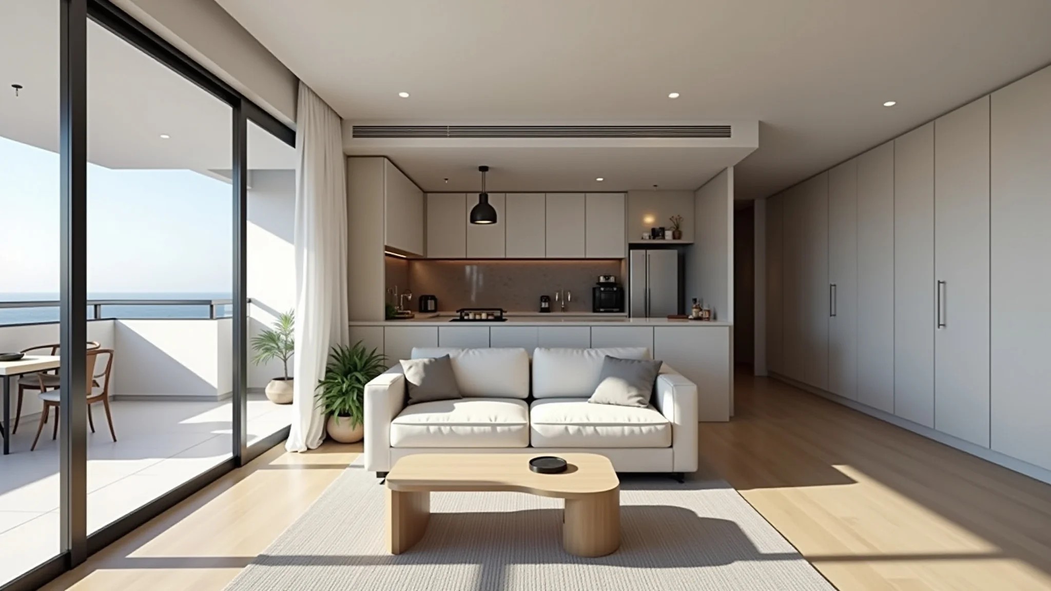 Sala de estar integrada com varanda em estilo minimalista com vista para a varanda.