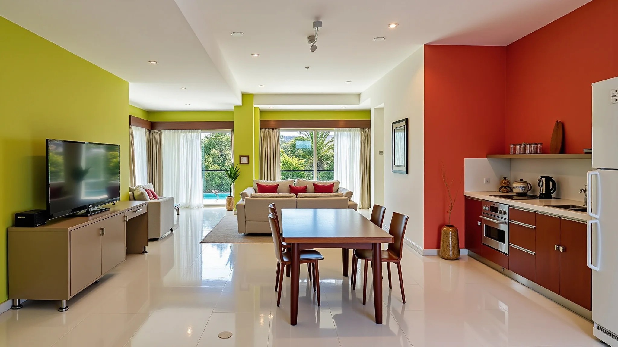 Sala integrada com balcão, cores vibrantes e design brasileiro.