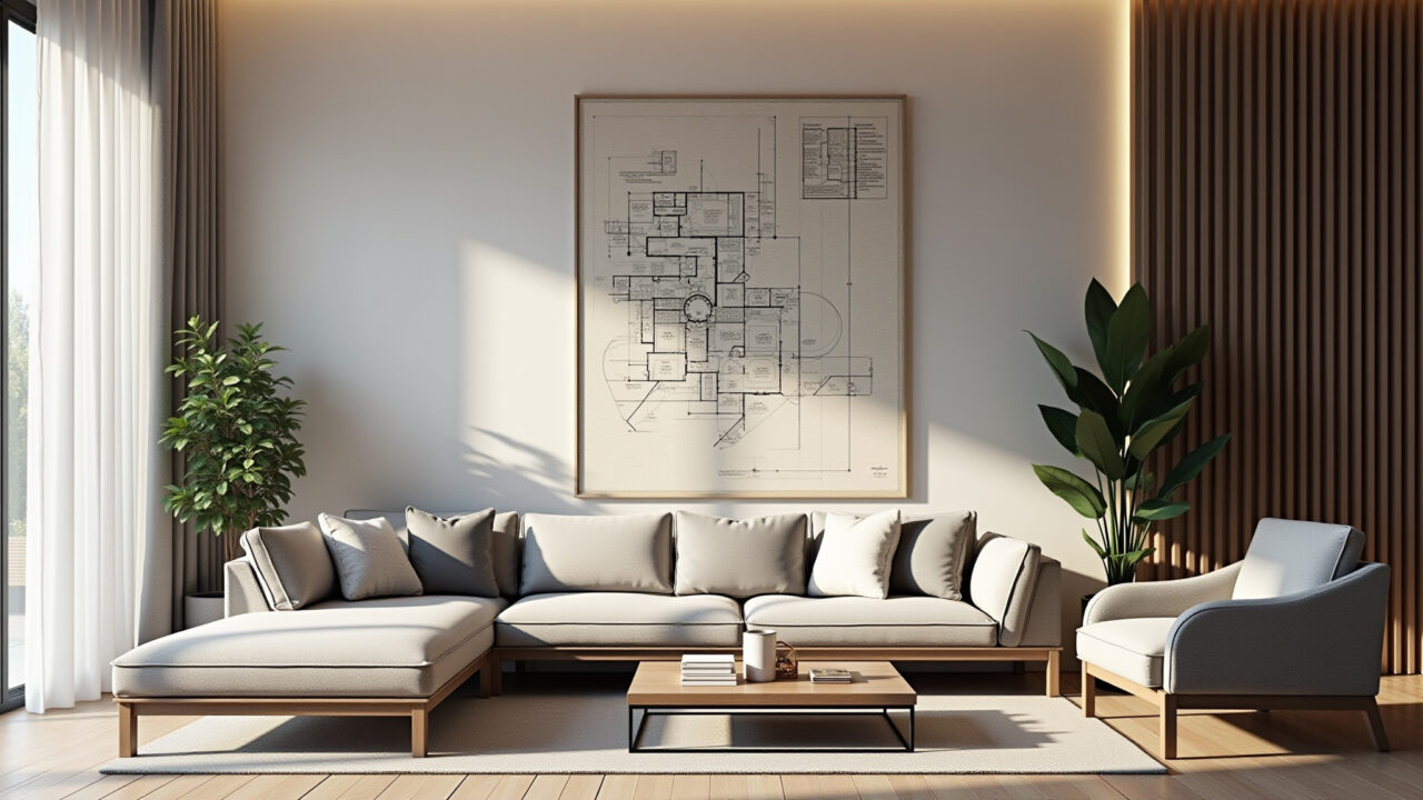Sala de estar com plantas arquitetônicas como decoração.
