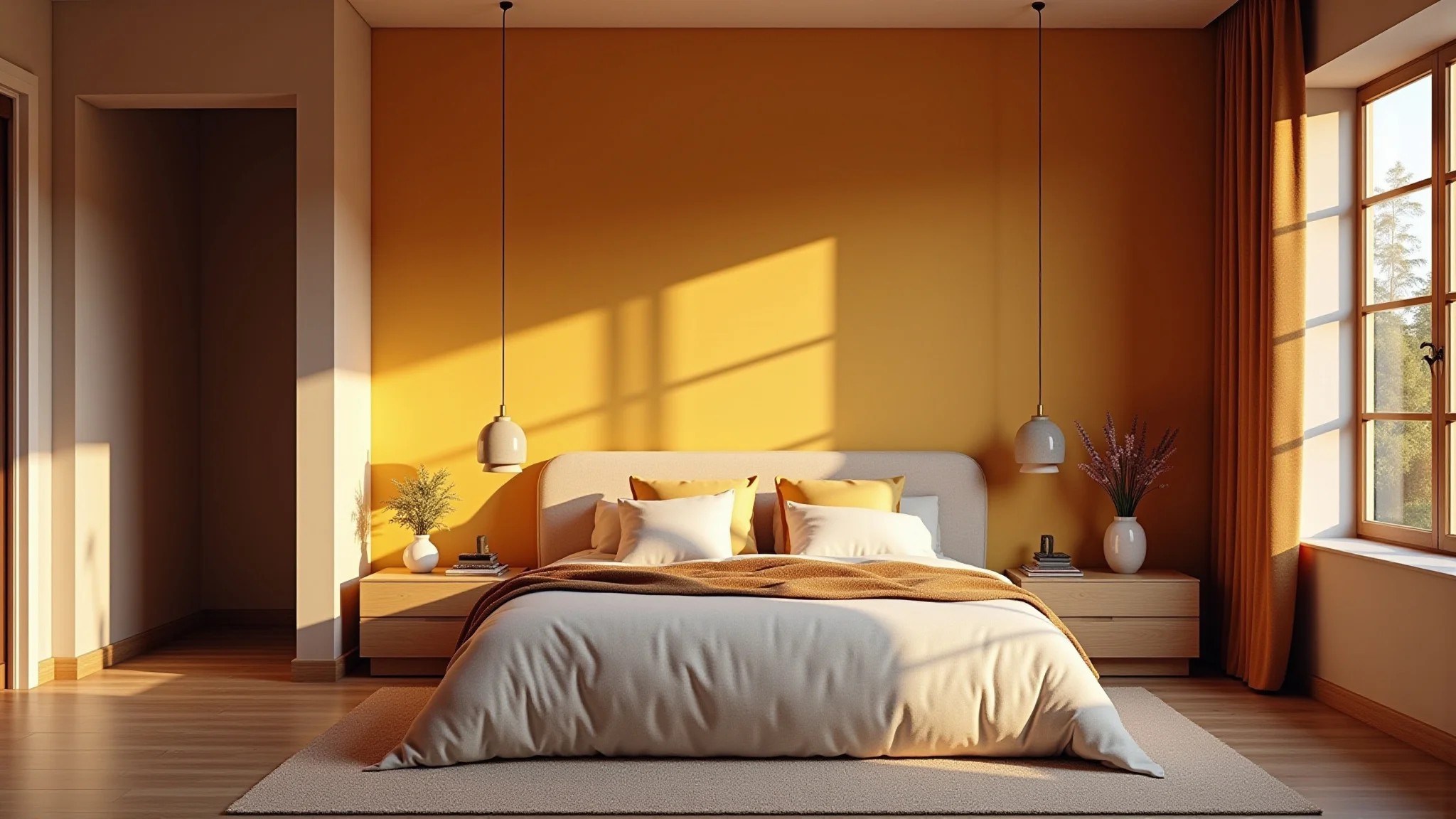 Quarto com combinações de cores harmoniosas e decoração estilo brasileiro.