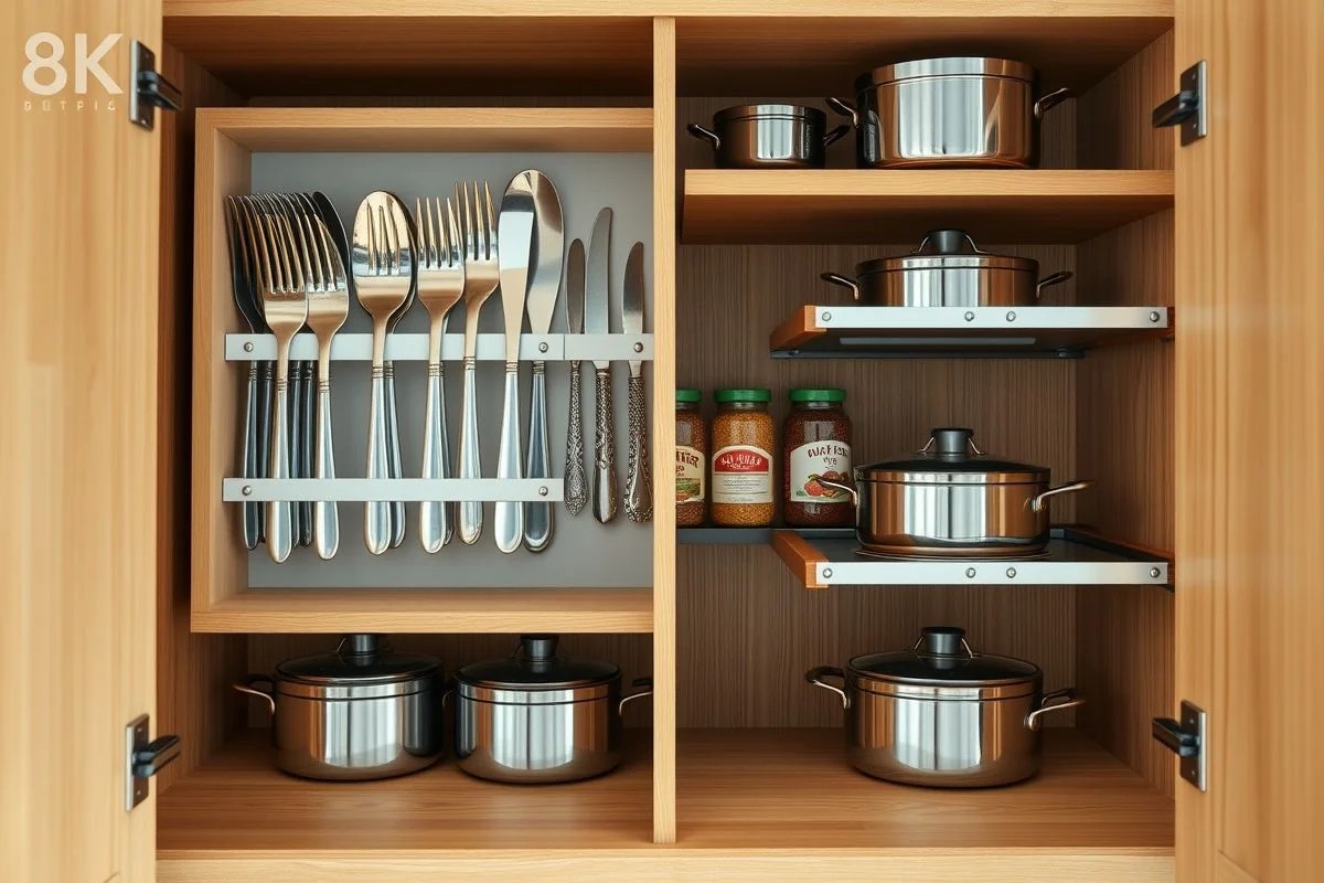 Organização interna de armário de cozinha com divisórias inteligentes, Brasil.