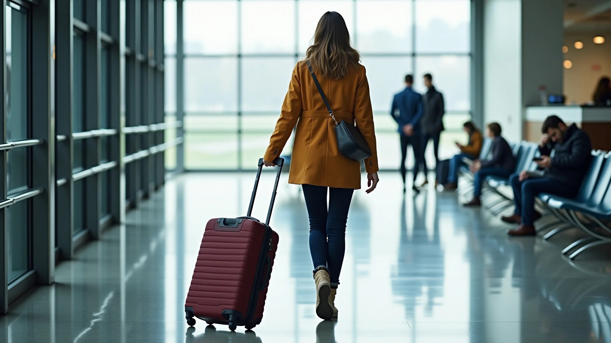Mulher pronta para embarcar, com mala e roupa de inverno estilosa em aeroporto.