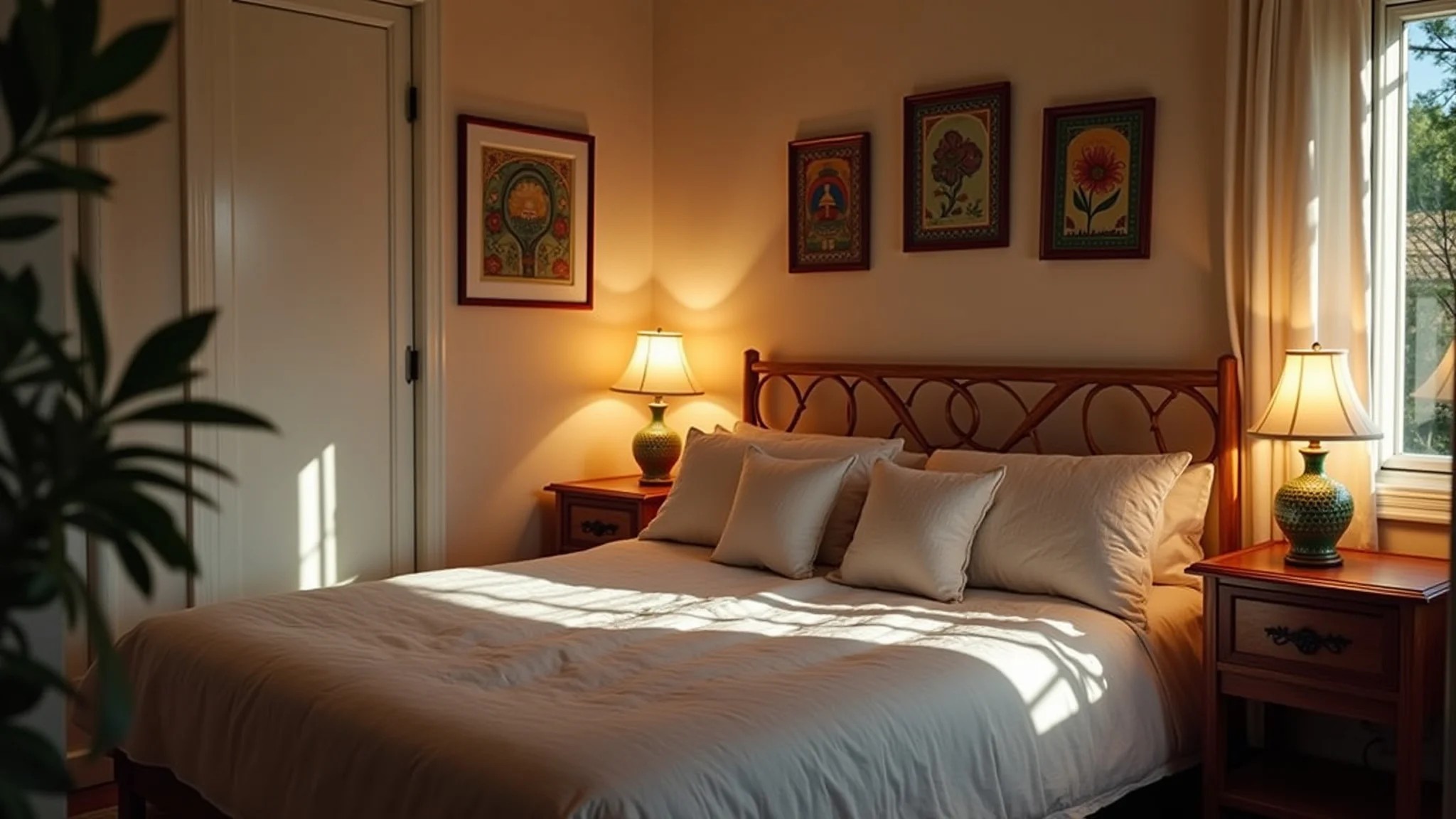 Quarto de casal pequeno com iluminação aconchegante e decoração personalizada.