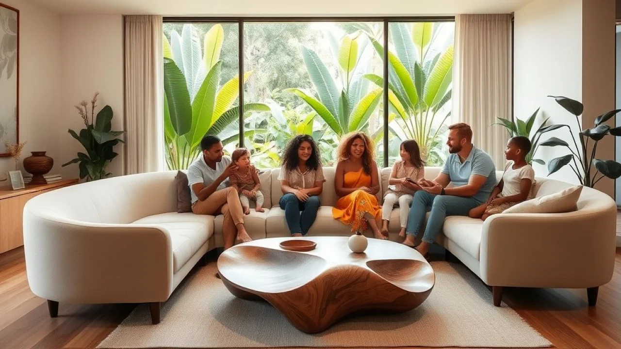 Sala de estar brasileira com sofá curvo e mesa orgânica.