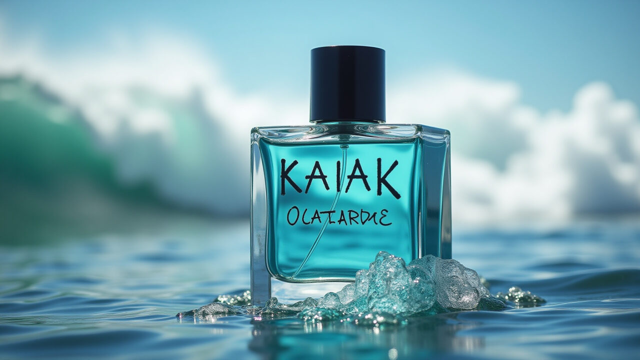 Frasco do perfume Kaiak Oceano com ondas do mar ao fundo.