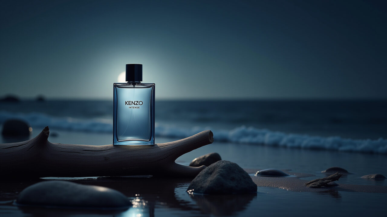 Frasco do perfume Kenzo Homme Intense sobre madeira na praia à noite.