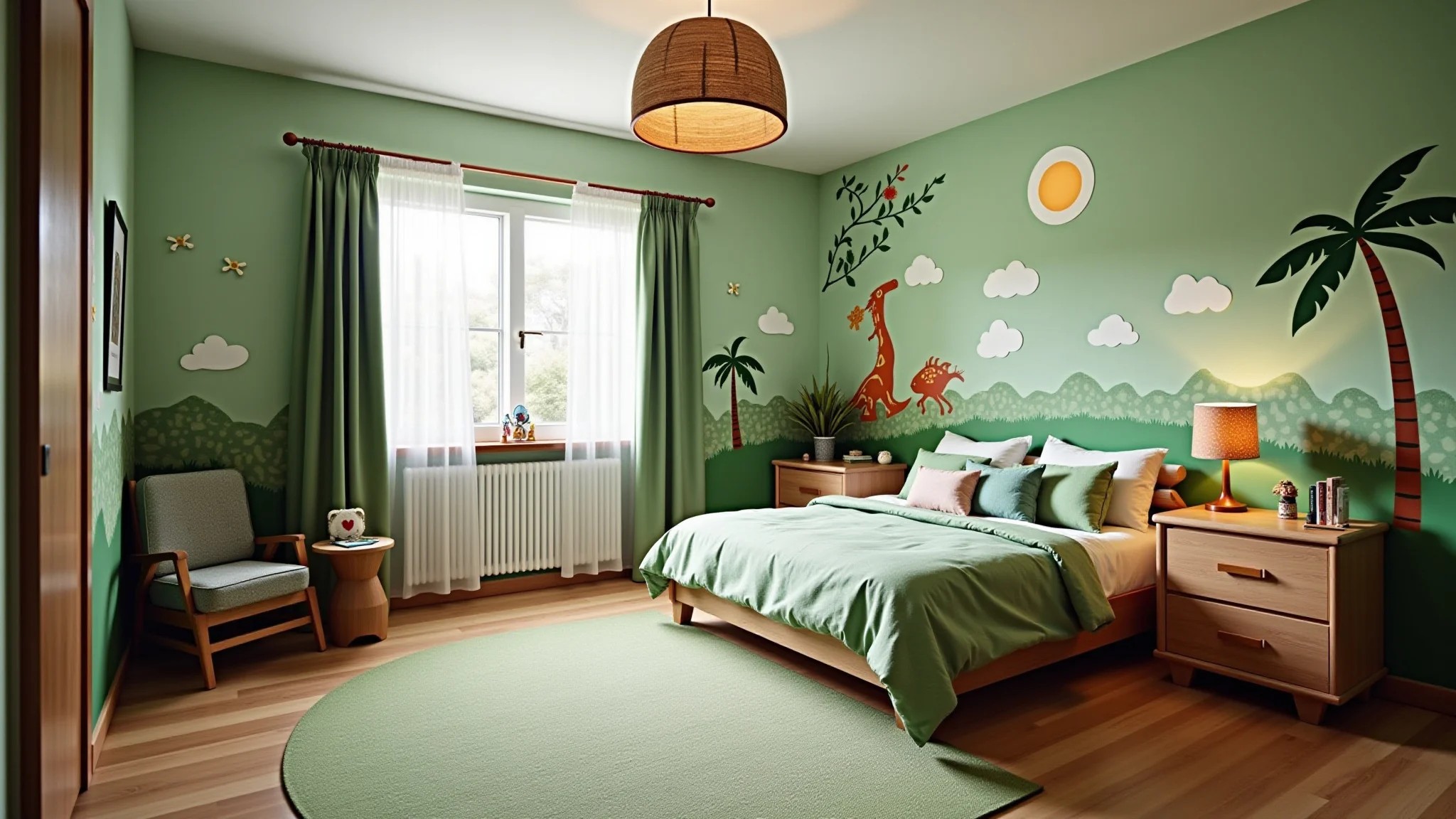 Quarto infantil com tema de dinossauros, decoração educativa e tons de verde e marrom.