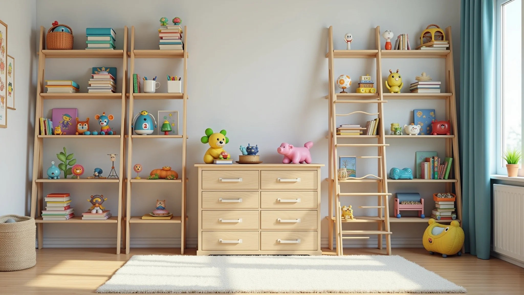 Quarto infantil com prateleiras escada exibindo livros e brinquedos.