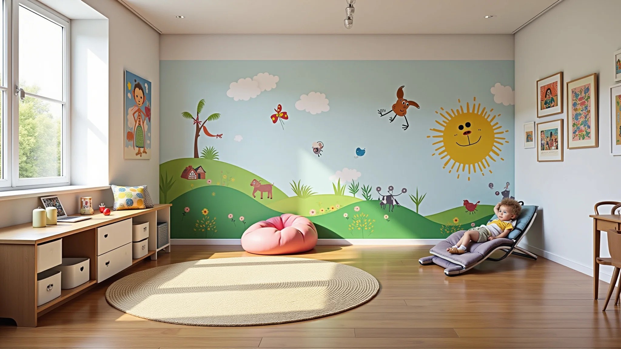 Quarto infantil com mural de fotos e desenhos, design divertido.