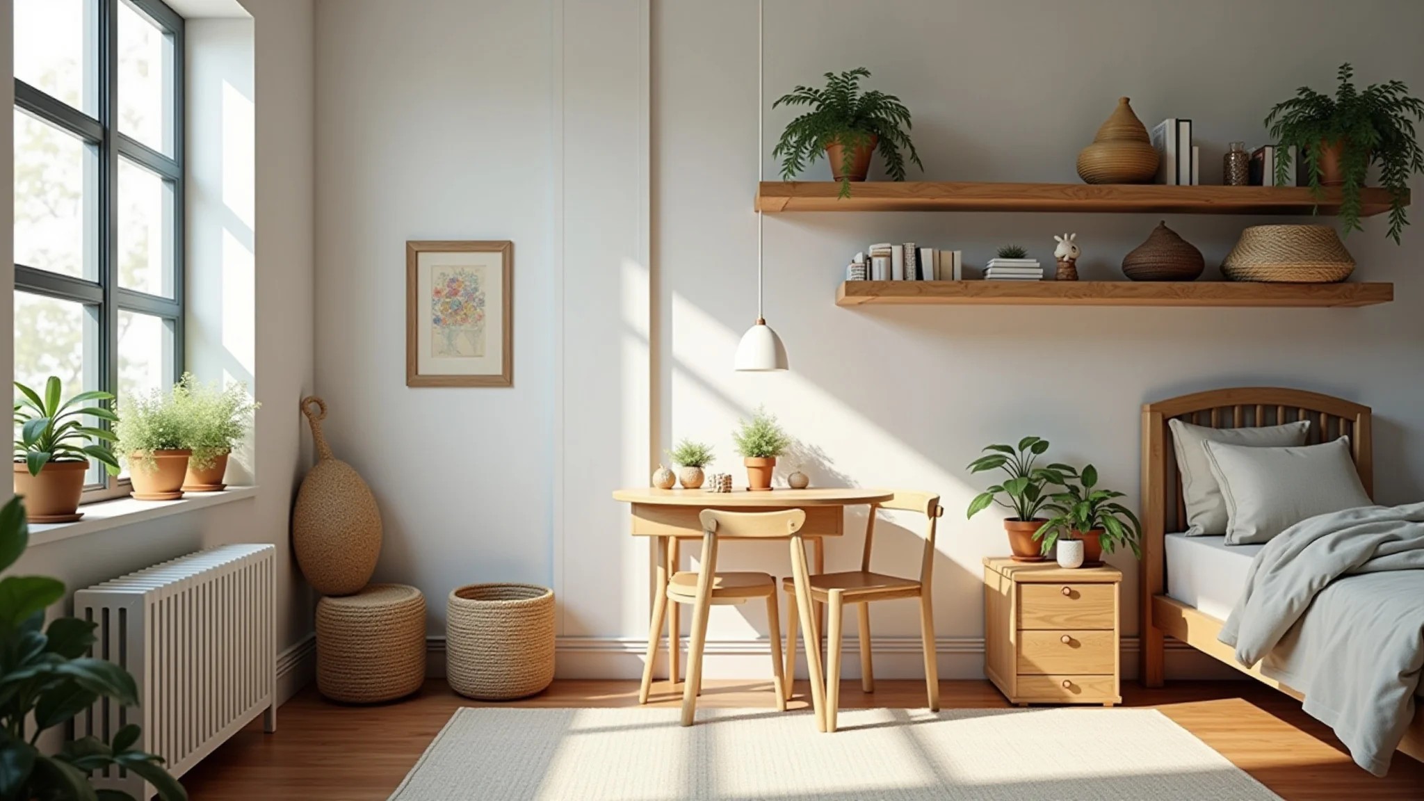 Quarto infantil com prateleiras de madeira rústica, plantas e decoração.
