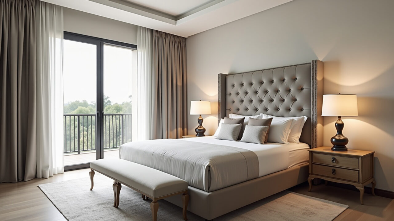 Quarto de casal grande com cama king size e cabeceira estofada.