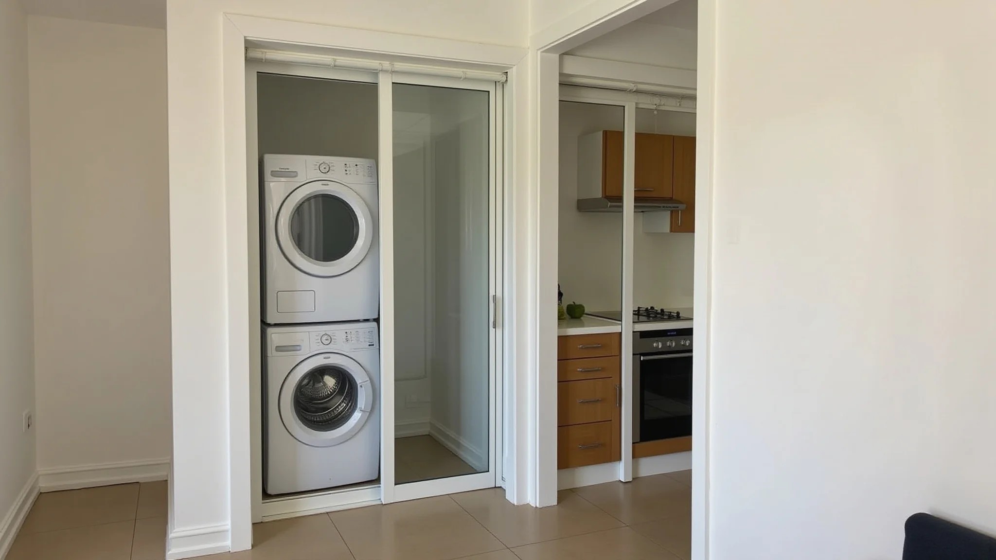 Cozinha e lavanderia separadas por porta de correr, com decoração em estilo brasileiro.