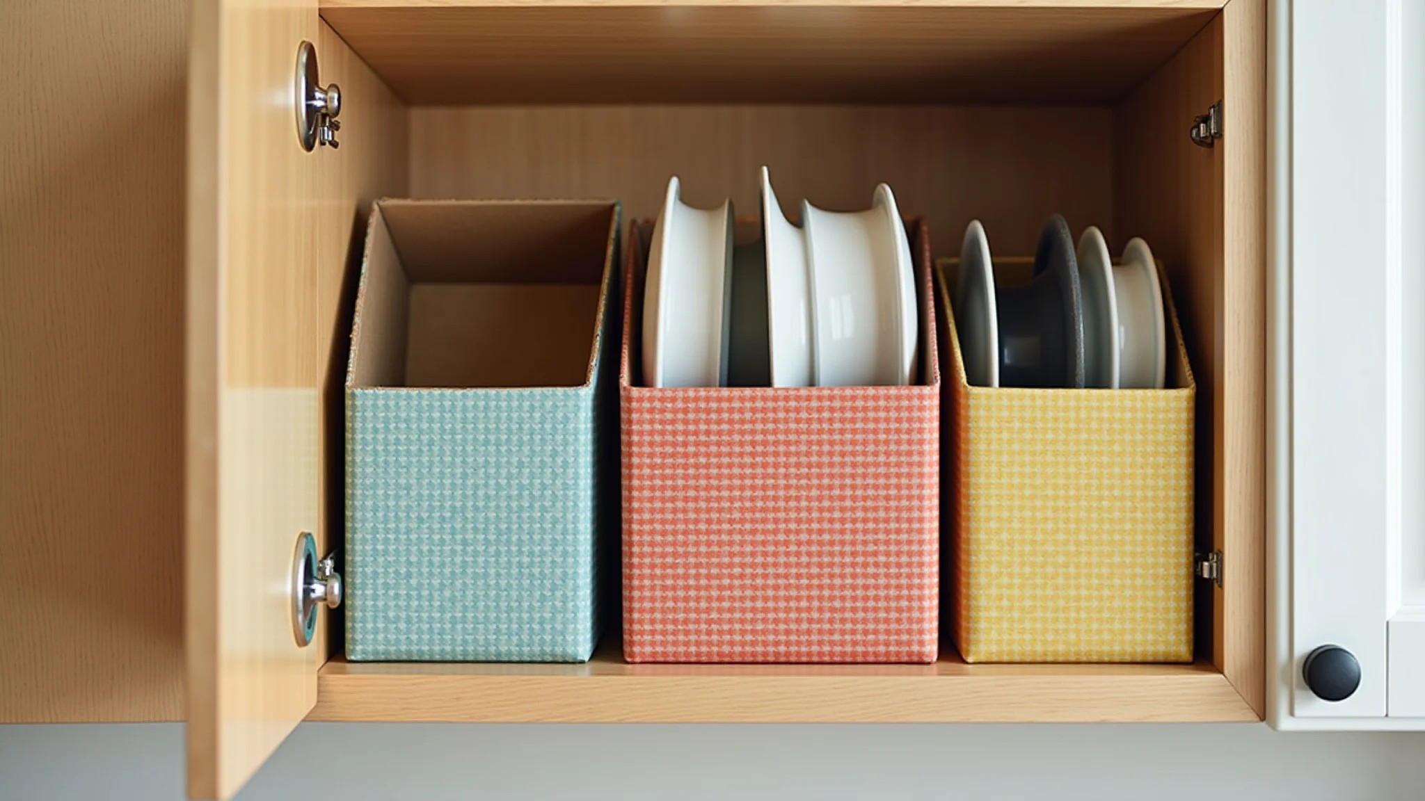 Caixas organizadoras de papelão estampadas dentro do armário da cozinha.