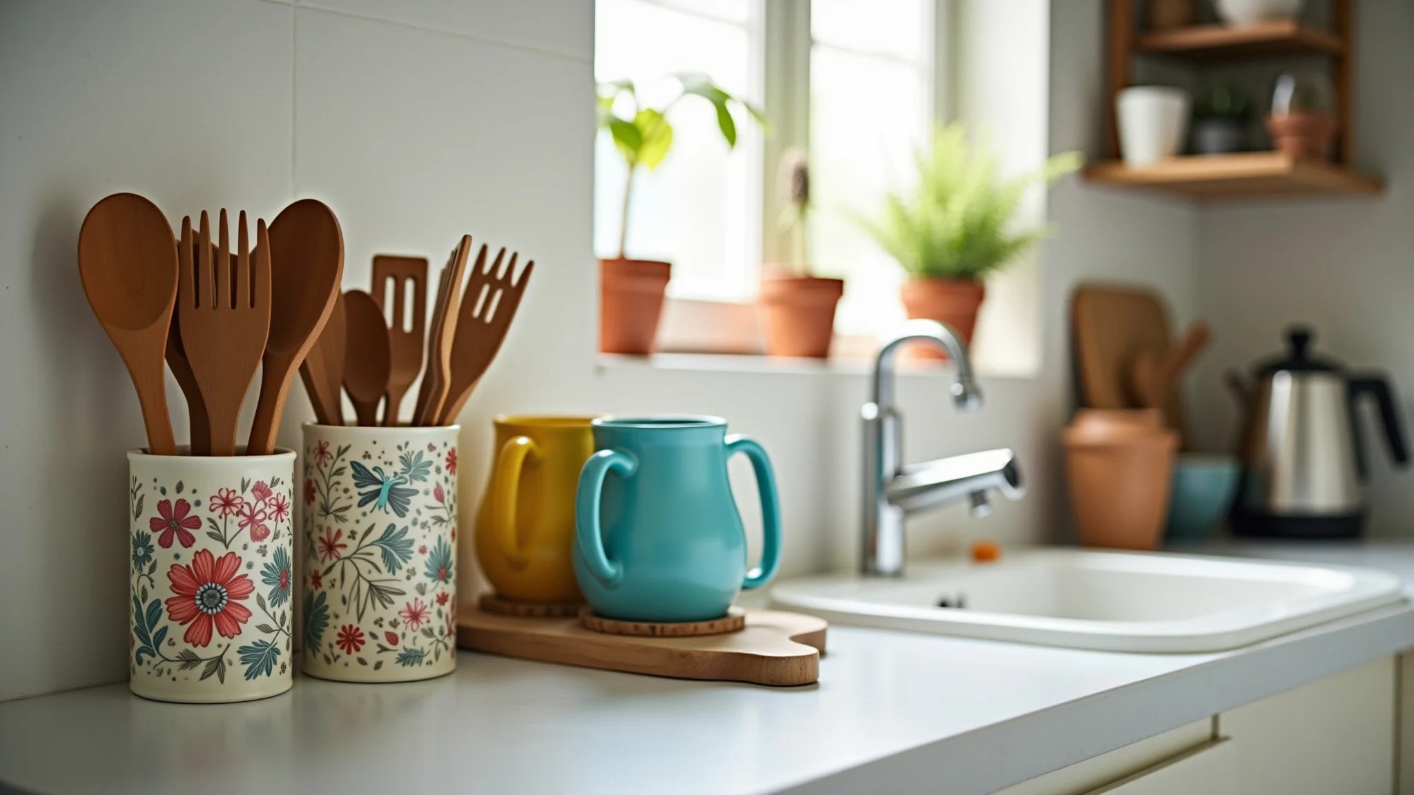 Utensílios organizados em canecas e potes decorados na cozinha.