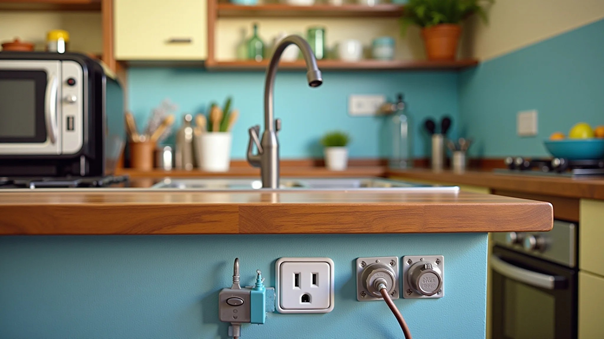 Bancada de cozinha com eletrodomésticos e tomadas bem localizadas.