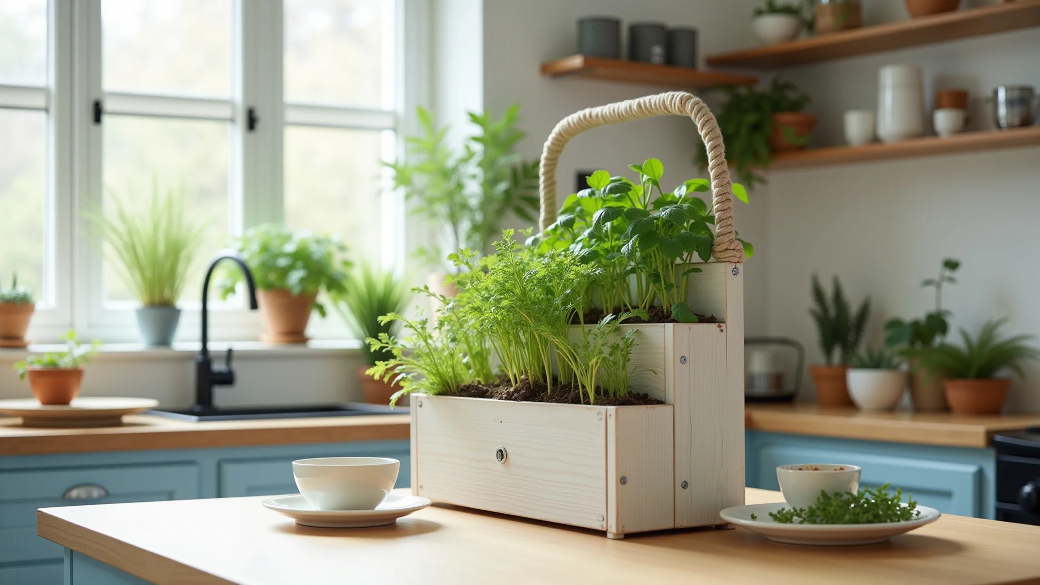 Horta vertical DIY na cozinha, feita com materiais reciclados.
