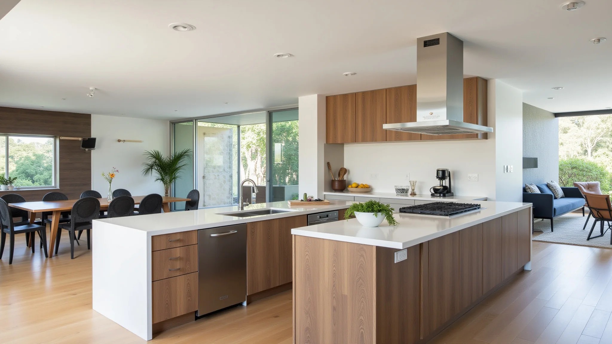 Reforma de cozinha com ilha central antes e depois, design moderno e espaço aberto.