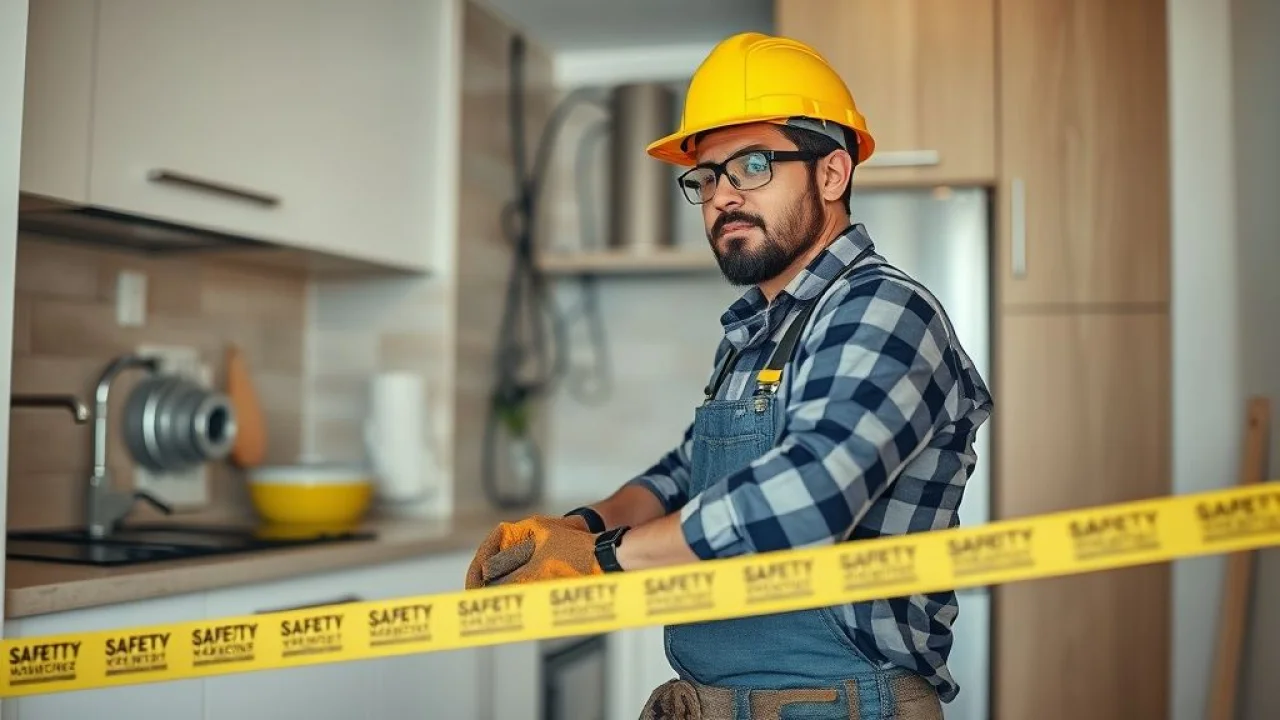 Reforma de cozinha com eletricista usando EPIs, fiação exposta e fita de segurança.