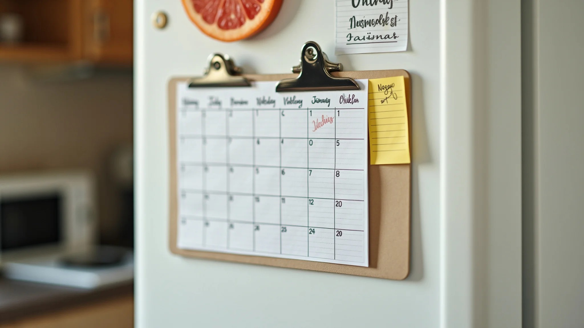 Calendário e bloco de notas na geladeira para planejar as refeições.