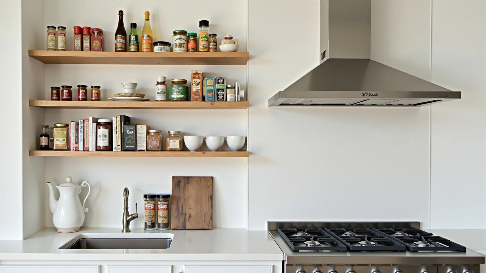 Prateleiras de cozinha com nichos, exibindo temperos e livros de receitas, organizadas.