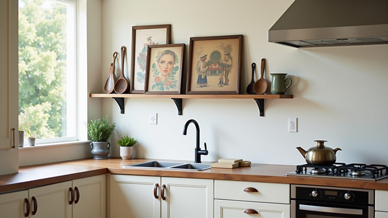 Cozinha com prateleira para quadros exibindo arte culinária e utensílios vintage.