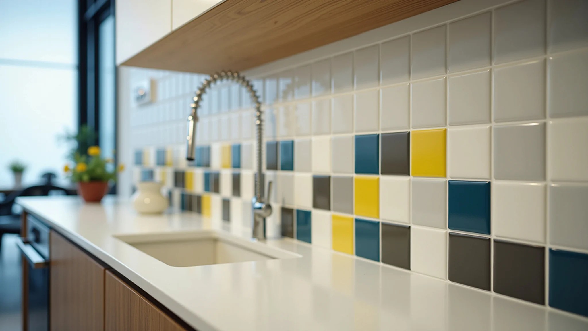 Cozinha com azulejos adesivos coloridos na parede, renovação vibrante.